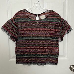 ANTHROPOLOGIE MAEVE Naples Embroidered Mesh Multicolored Cap Sleeve Top | XS